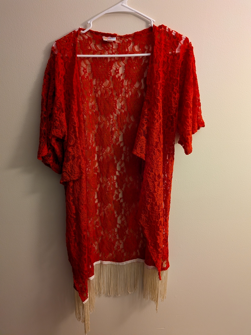 Lularoe- Monroe (Small) Red Lace Fringe Kimono
